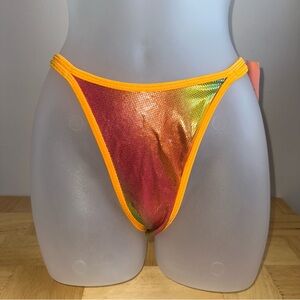 90s Y2K,dead stock gold metallic Rainbow bikini bottoms with orange trim Sz S